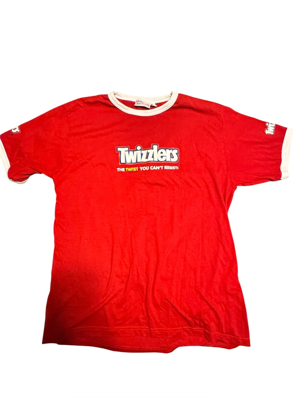 Twizzlers T Shirt Men's L Red Graphic Logo Short Sleeve Ringer Crew Neck Tee